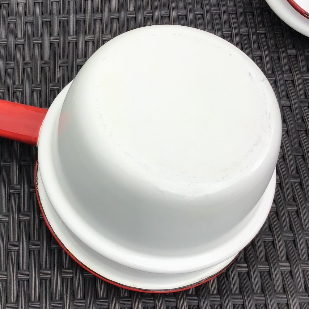 Vintage Enamelware Double Boiler White Red 3 Piece Set Farmhouse - Picture 8 of 15